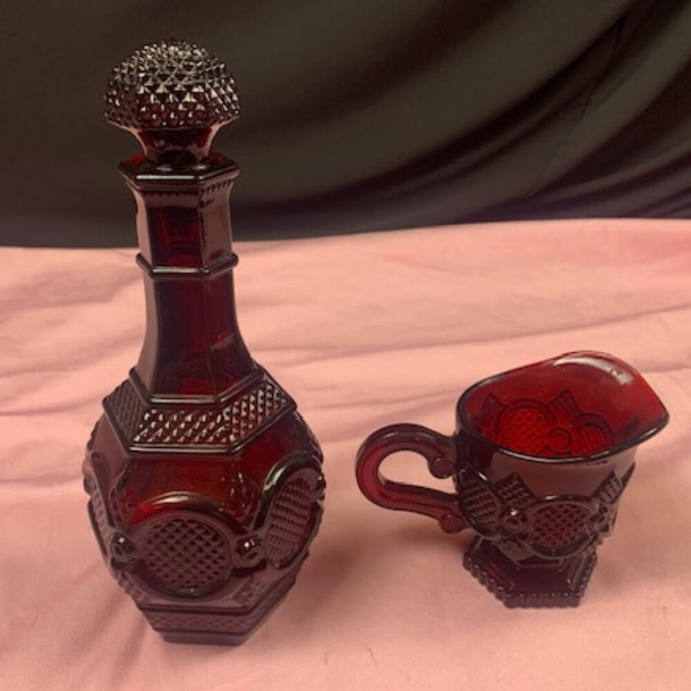 Vintage Avon Cape Cod Cranberry Ruby Red Glass Decanter and Creamer.